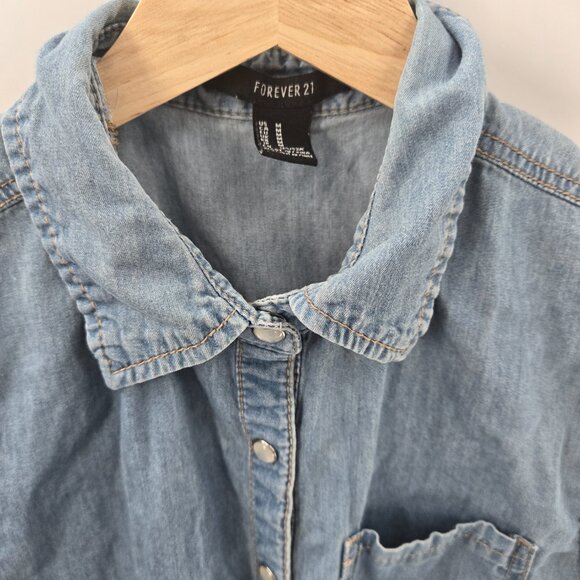 Forever 21 Blue 100% Cotton Denim Snap Pearl Tie Front Vest Medium - Picture 3 of 15